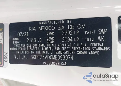 2021 Kia Forte Gt-Line from USA, damaged, VIN 3KPF34AD0ME393974